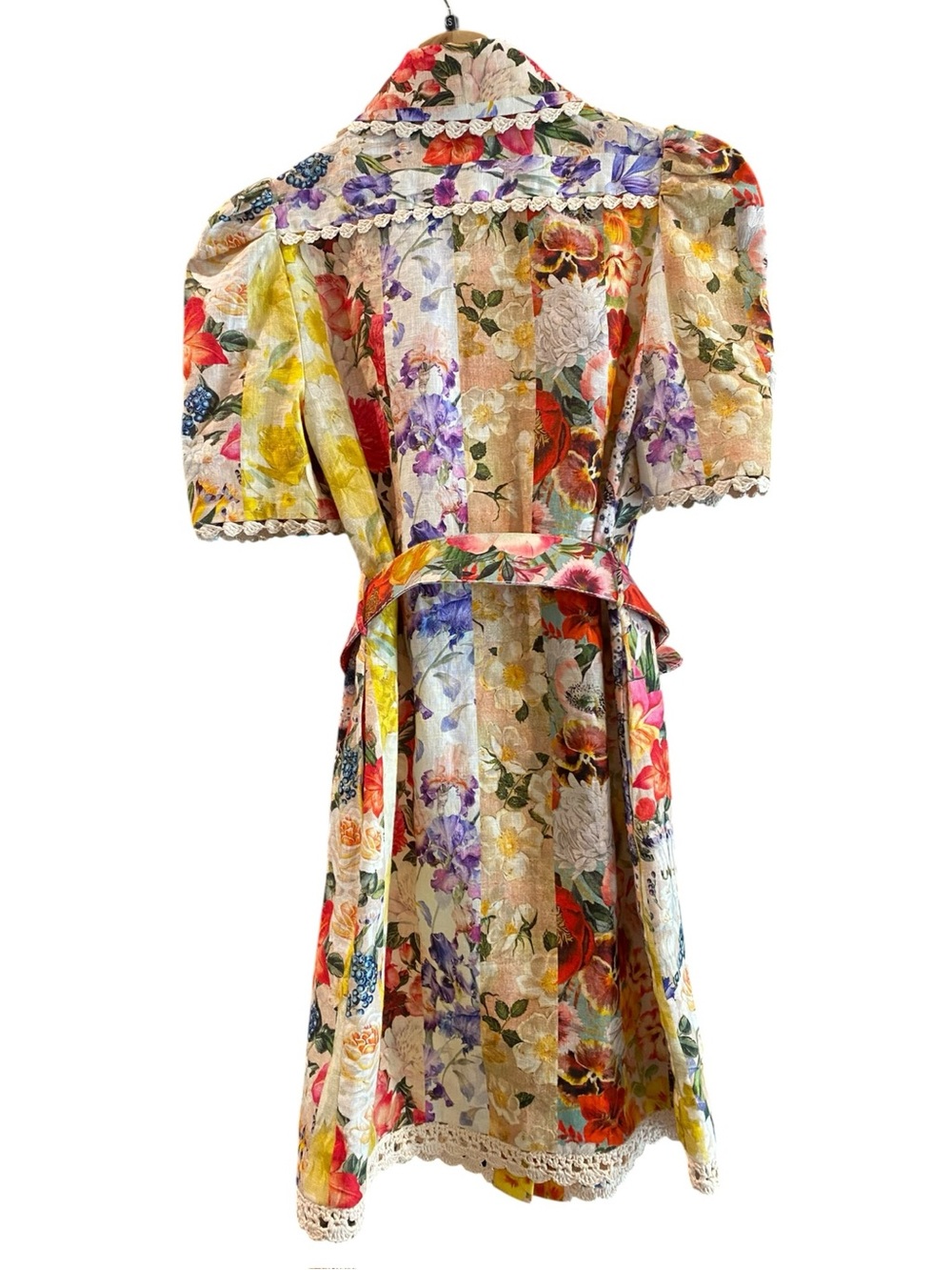 Zimmermann Wonderland Linen Floral Raffia Trim Short Sleeve Collared Midi Dress - Picture 3 of 6